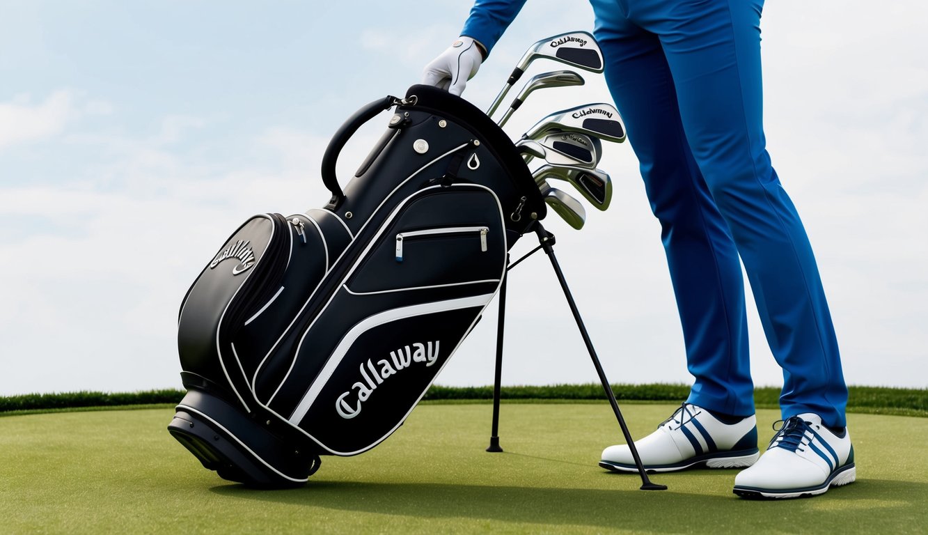 Brian Harman's golf bag open, revealing a set of Callaway clubs neatly arranged on the grassy tee box