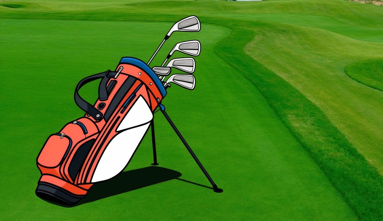 A golf bag with various clubs laid out neatly on a green grassy field