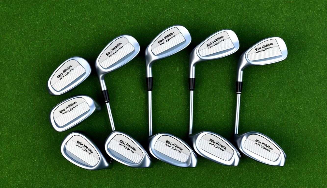 A set of golf clubs arranged neatly on a green grass background, with Brian Harman's name and logo prominently displayed on each club