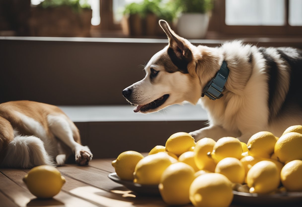 A happy dog sniffs a pile of lemons, while another dog looks on with curiosity