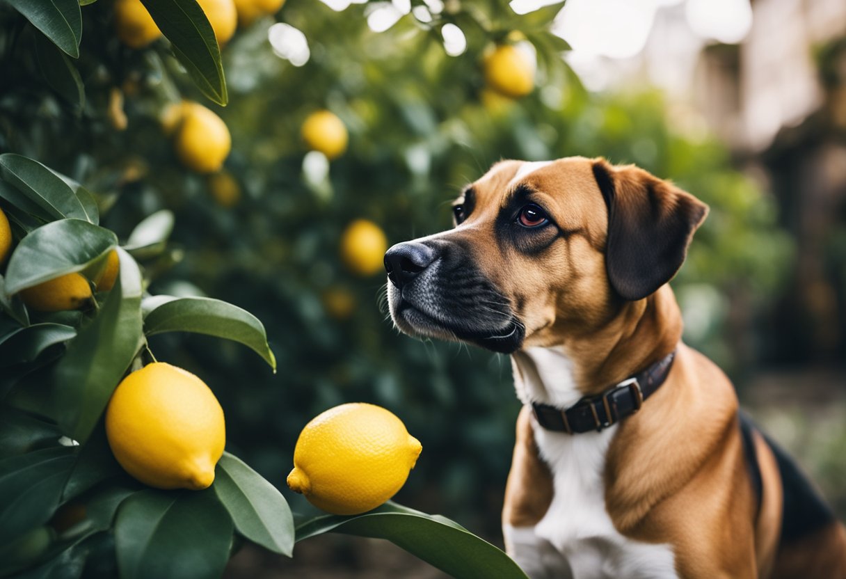 A dog with a lemon in its mouth, looking unsure. Lemon tree in the background