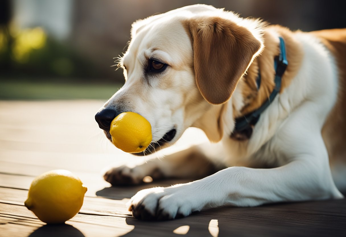 A dog sniffing a lemon with a curious expression