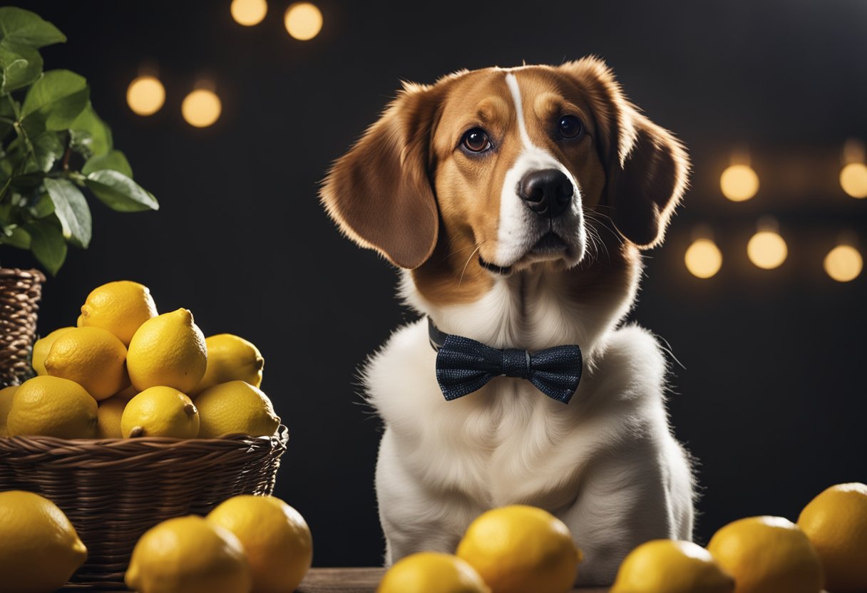 A dog with a quizzical expression, sitting next to a pile of lemons, with a question mark hovering above its head