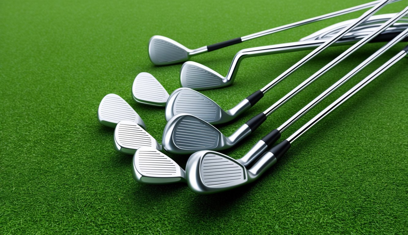 A set of golf clubs arranged neatly on a green grass background