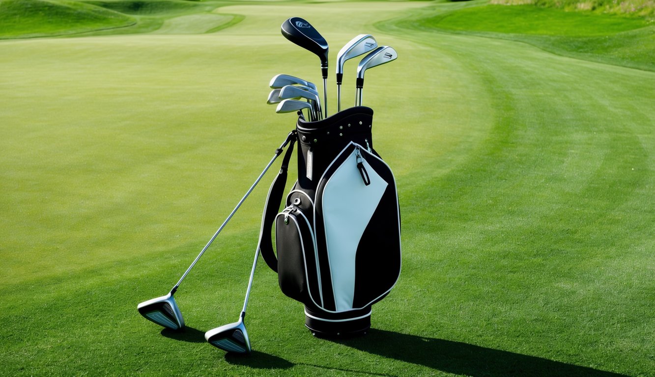 A golf bag with various clubs arranged neatly on a lush green fairway