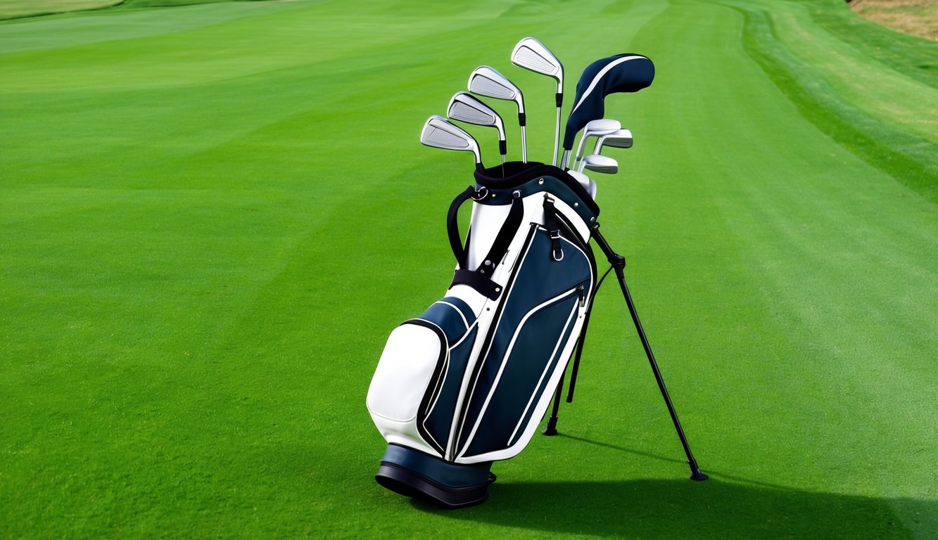 A golf bag with irons and hybrids arranged neatly on a lush green fairway