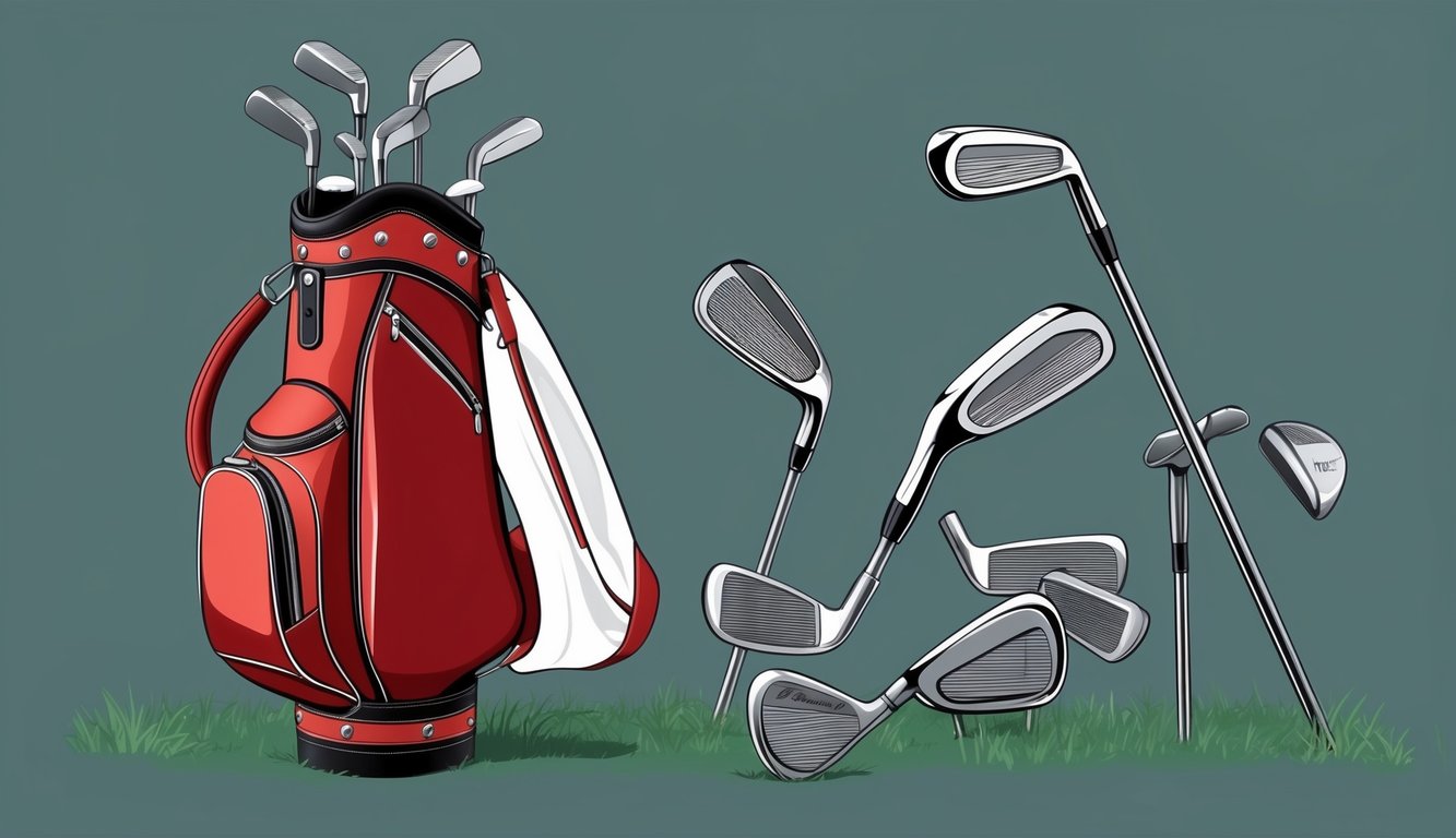 A golf bag with various wedges and clubs scattered around