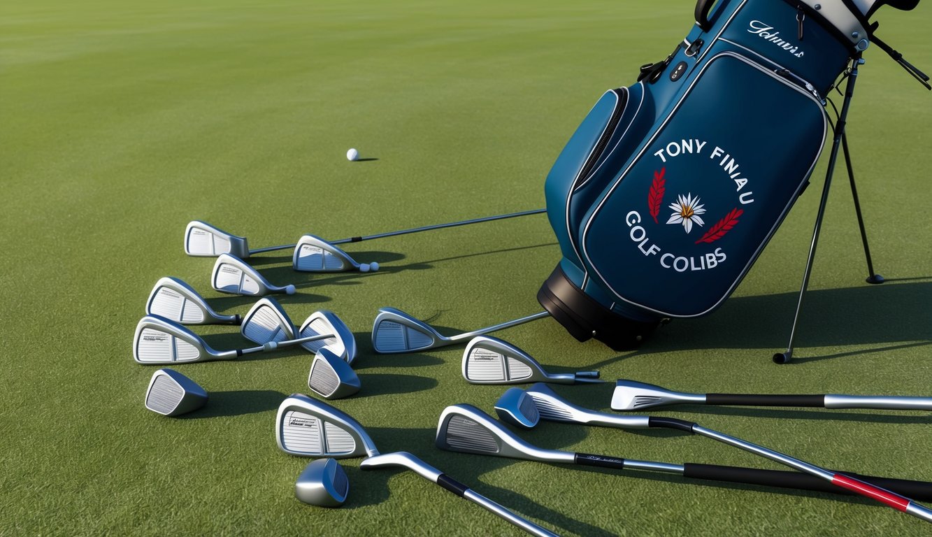 A golf bag with Tony Finau's clubs scattered on the ground