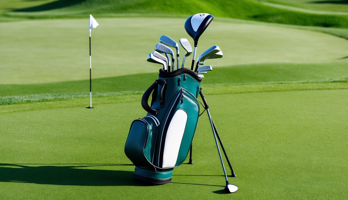 A golf bag filled with various clubs, including drivers, irons, and putters, arranged neatly on a lush green golf course