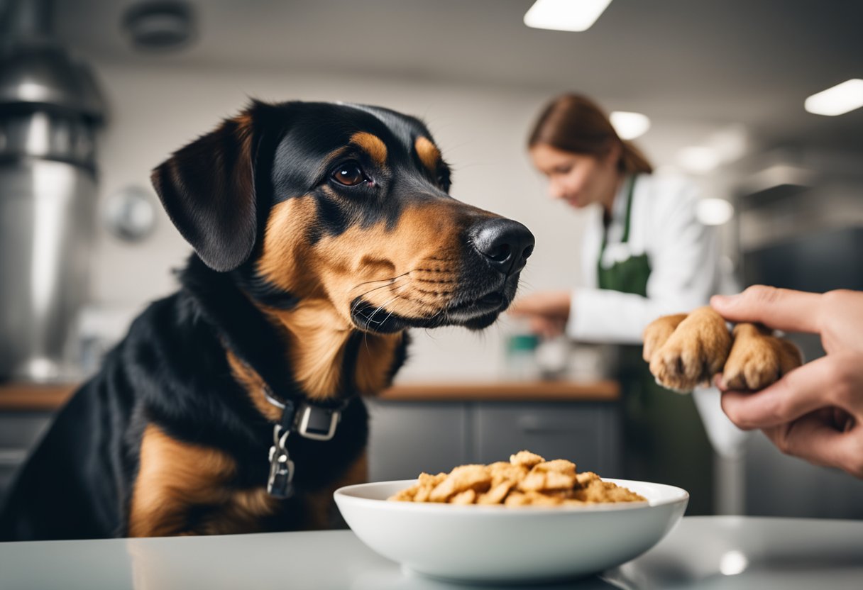 A dog eating ginger from a bowl, with a concerned veterinarian in the background