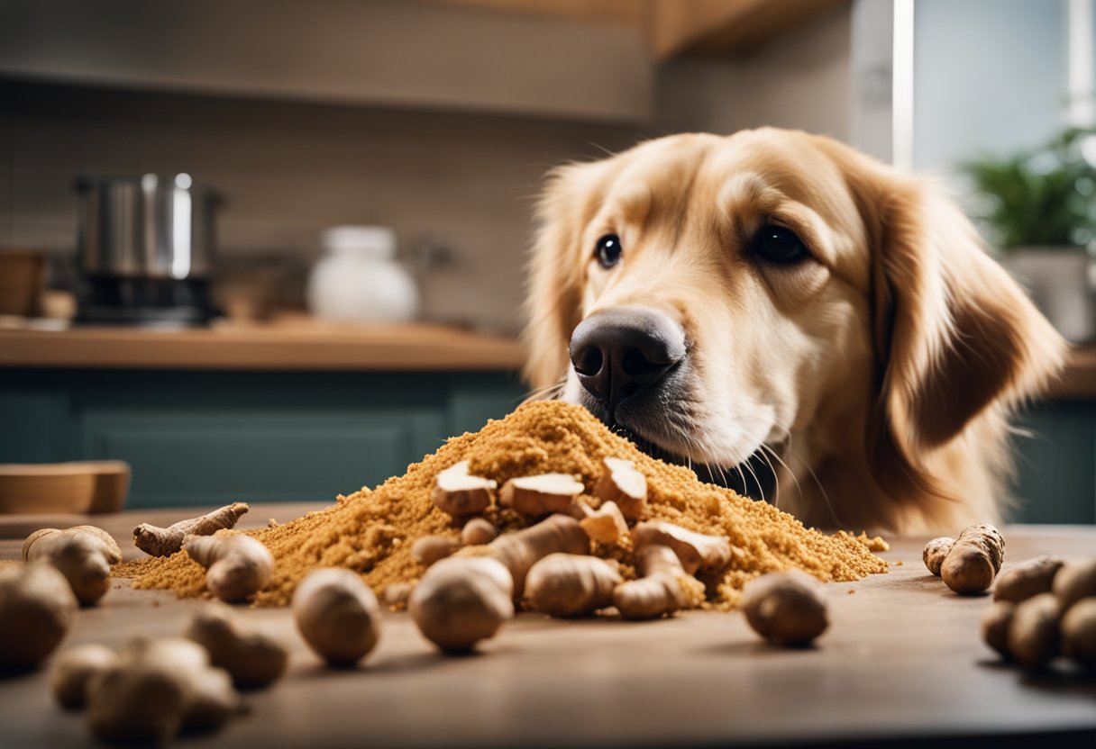 A golden retriever sniffs a pile of ginger root in a kitchen