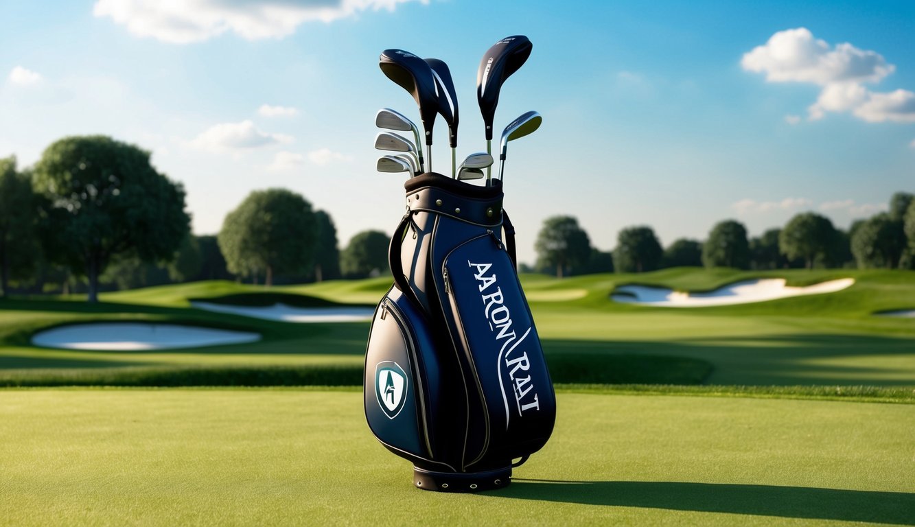 A golf bag with Aaron Rai's clubs neatly arranged on a lush green golf course