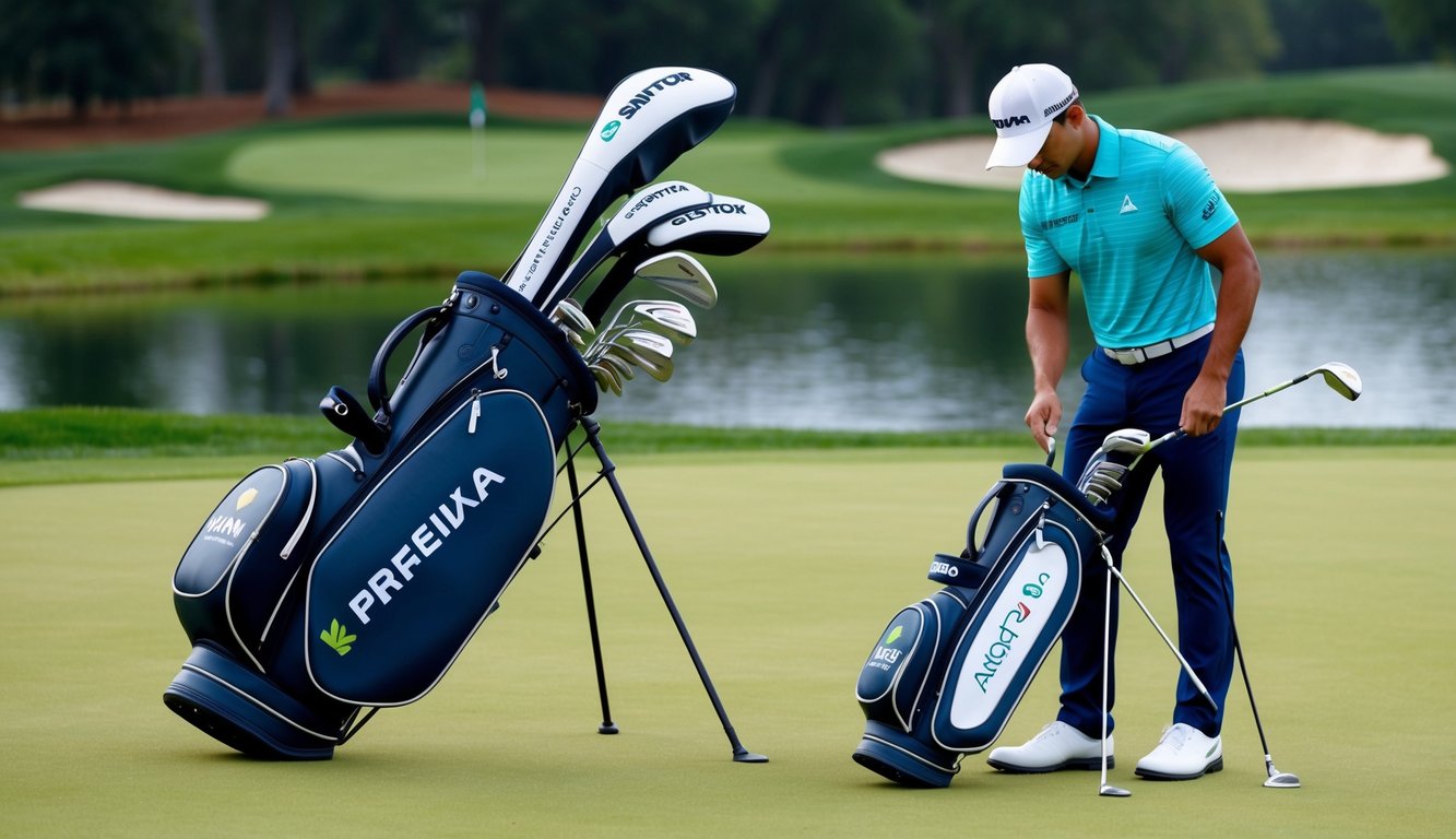 A golf bag filled with various clubs, each adorned with different sponsor logos, sits on the green as the golfer, Aaron Rai, carefully selects his next club