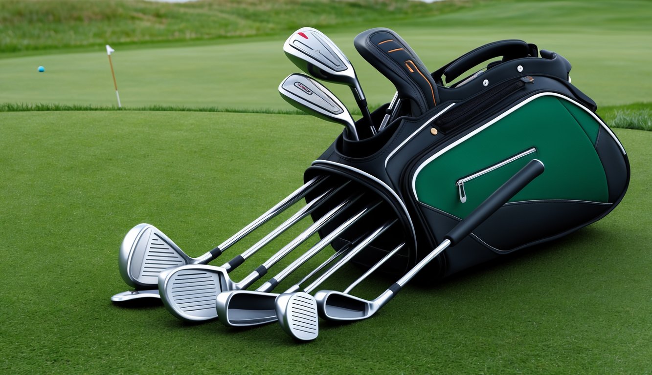 A golf bag with various clubs laid out on a grassy course