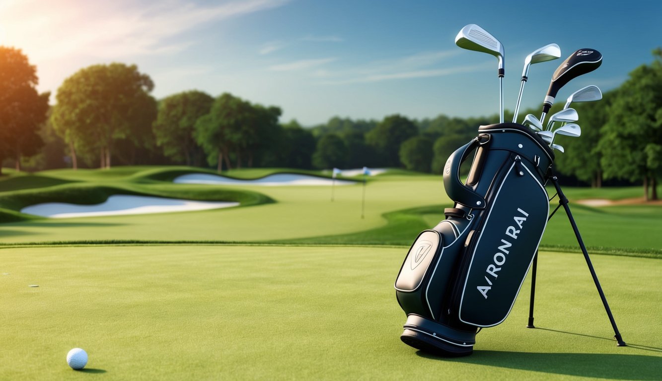 Aaron Rai's golf bag with various clubs neatly arranged on a lush green golf course