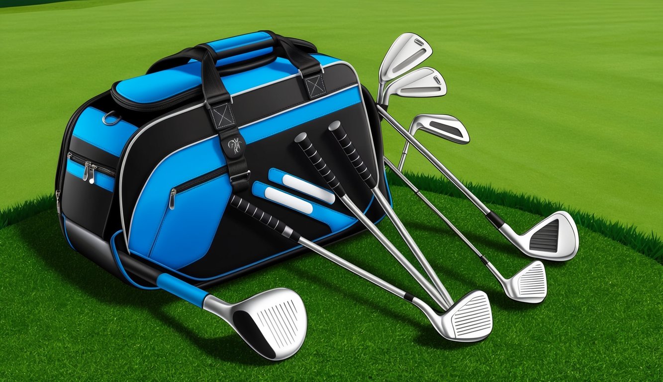 A golfer's bag with various clubs, including a putter, driver, and irons, laid out neatly on a grassy tee box