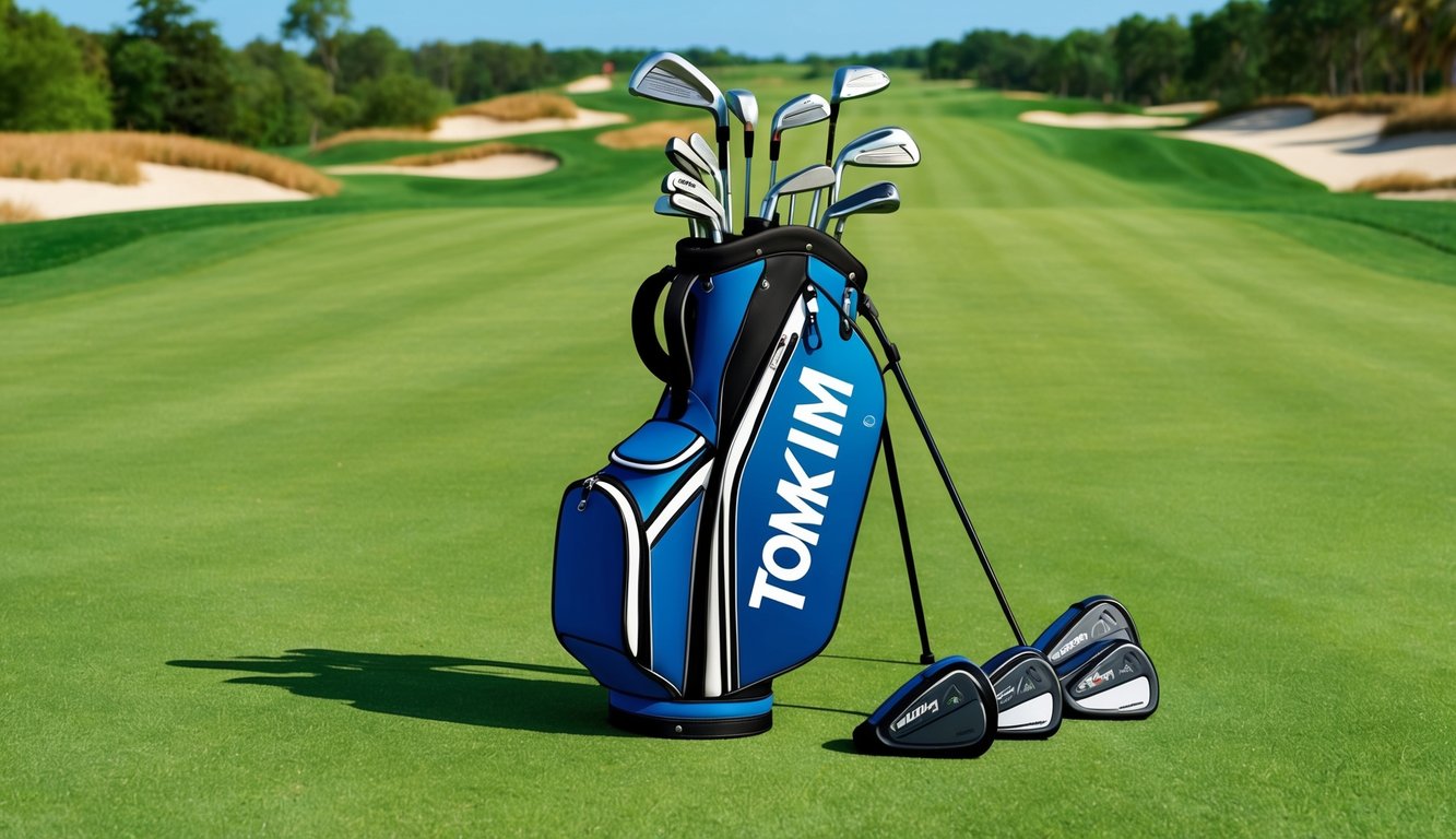 Tom Kim's golf bag with a variety of clubs laid out on a lush green fairway