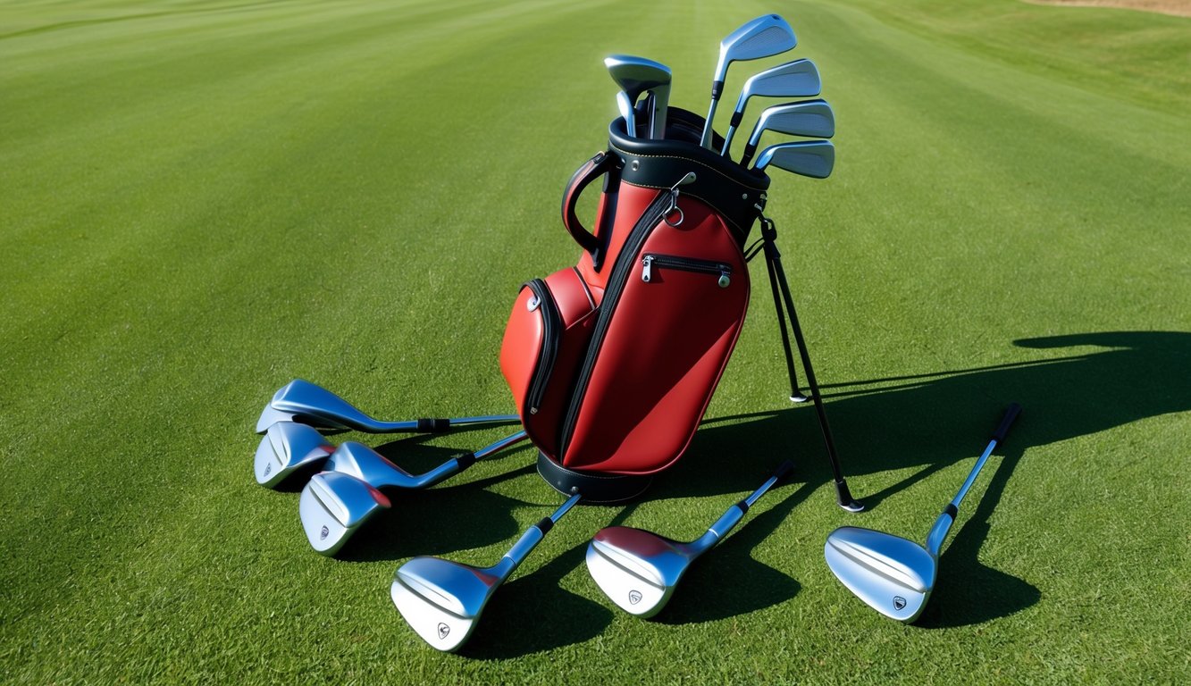 A golf bag with irons and wedges scattered on the grassy fairway