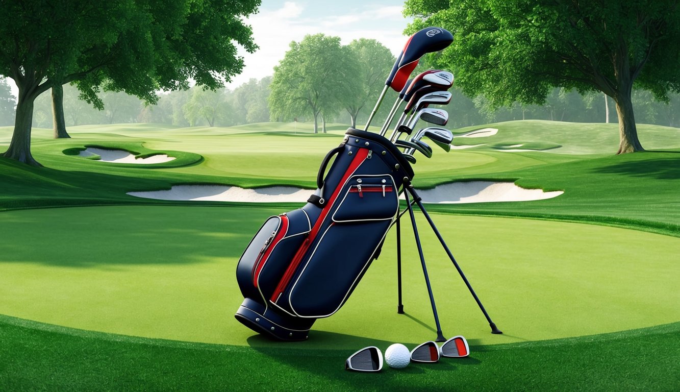 A golf bag with various clubs laid out on a lush green golf course