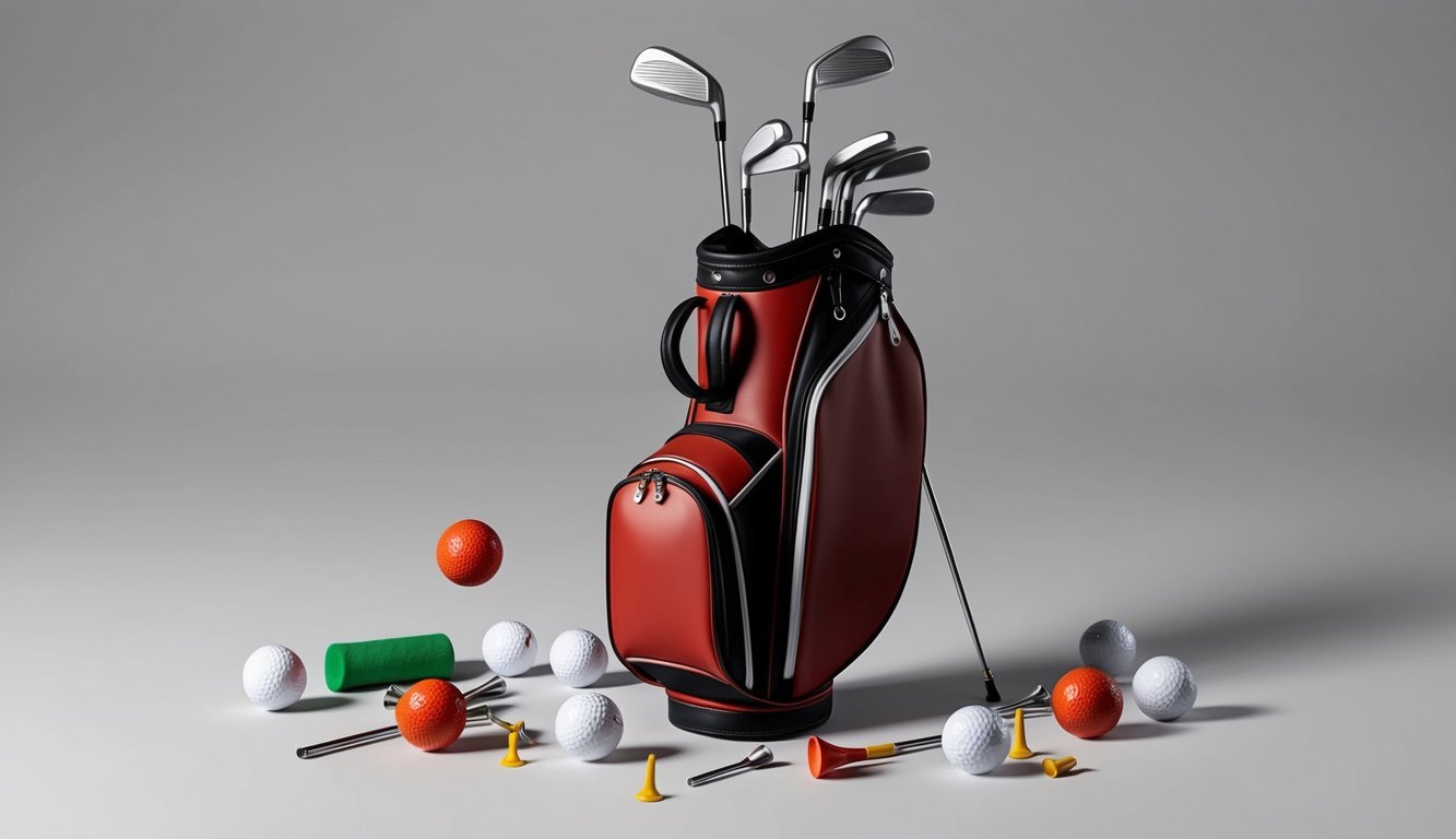 A golf bag with clubs, tees, and balls scattered around