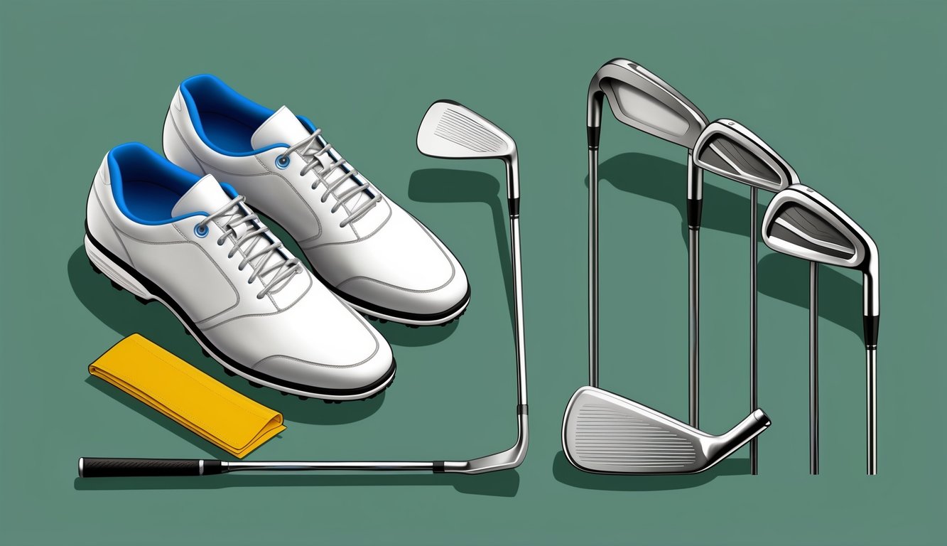 A pair of golf shoes and attire laid out next to a set of golf clubs, including a driver, irons, and a putter