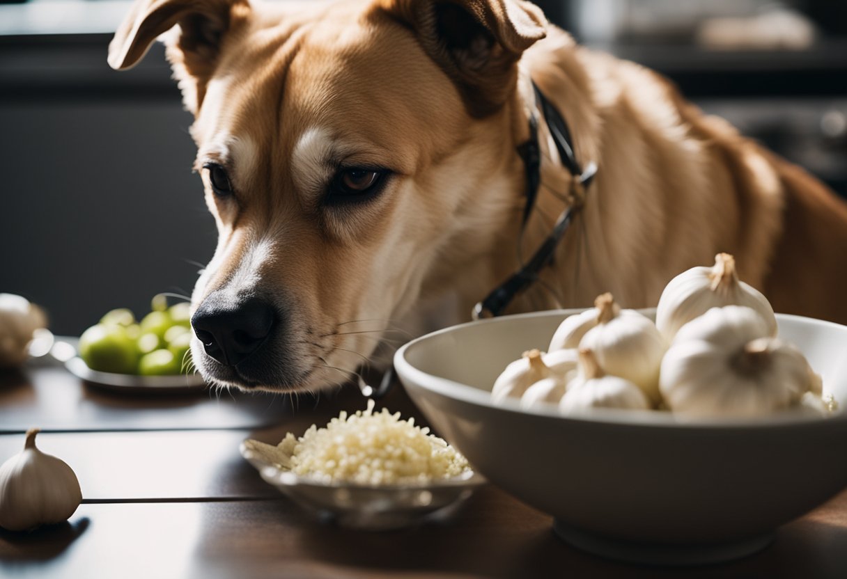 A dog sniffs a bowl of garlic, with a concerned owner looking on