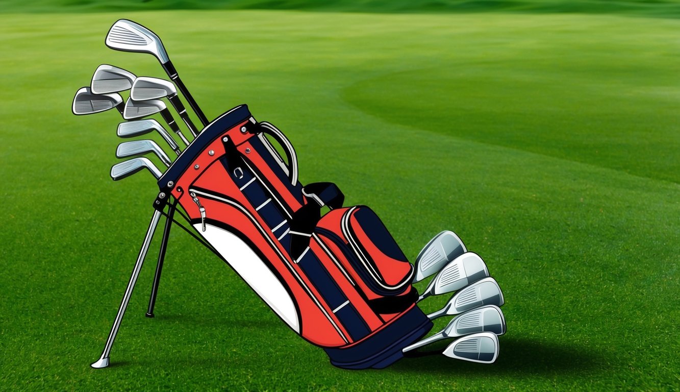 A golf bag with various clubs arranged neatly on a green grassy field