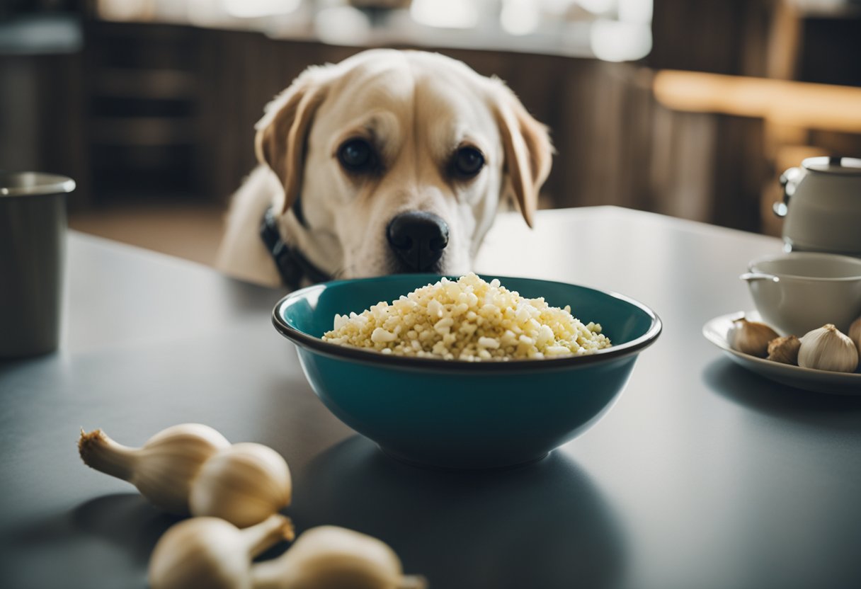 A dog sniffing a bowl of garlic with a caution sign nearby