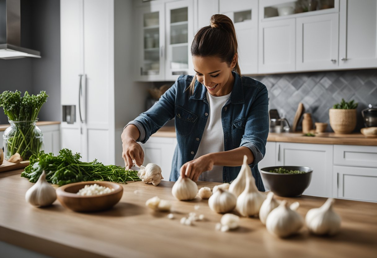 A dog owner removing garlic from a kitchen counter as their pet watches