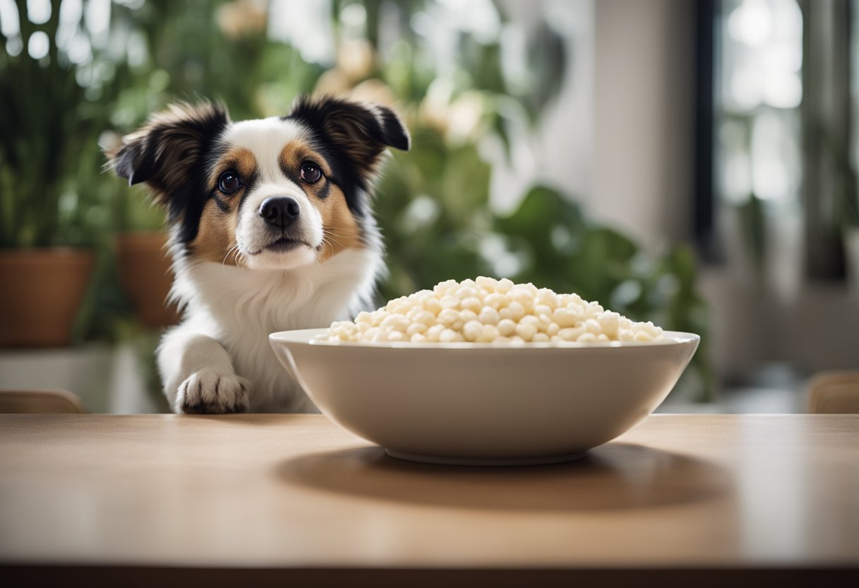 A dog sitting next to a bowl of garlic with a question mark above its head