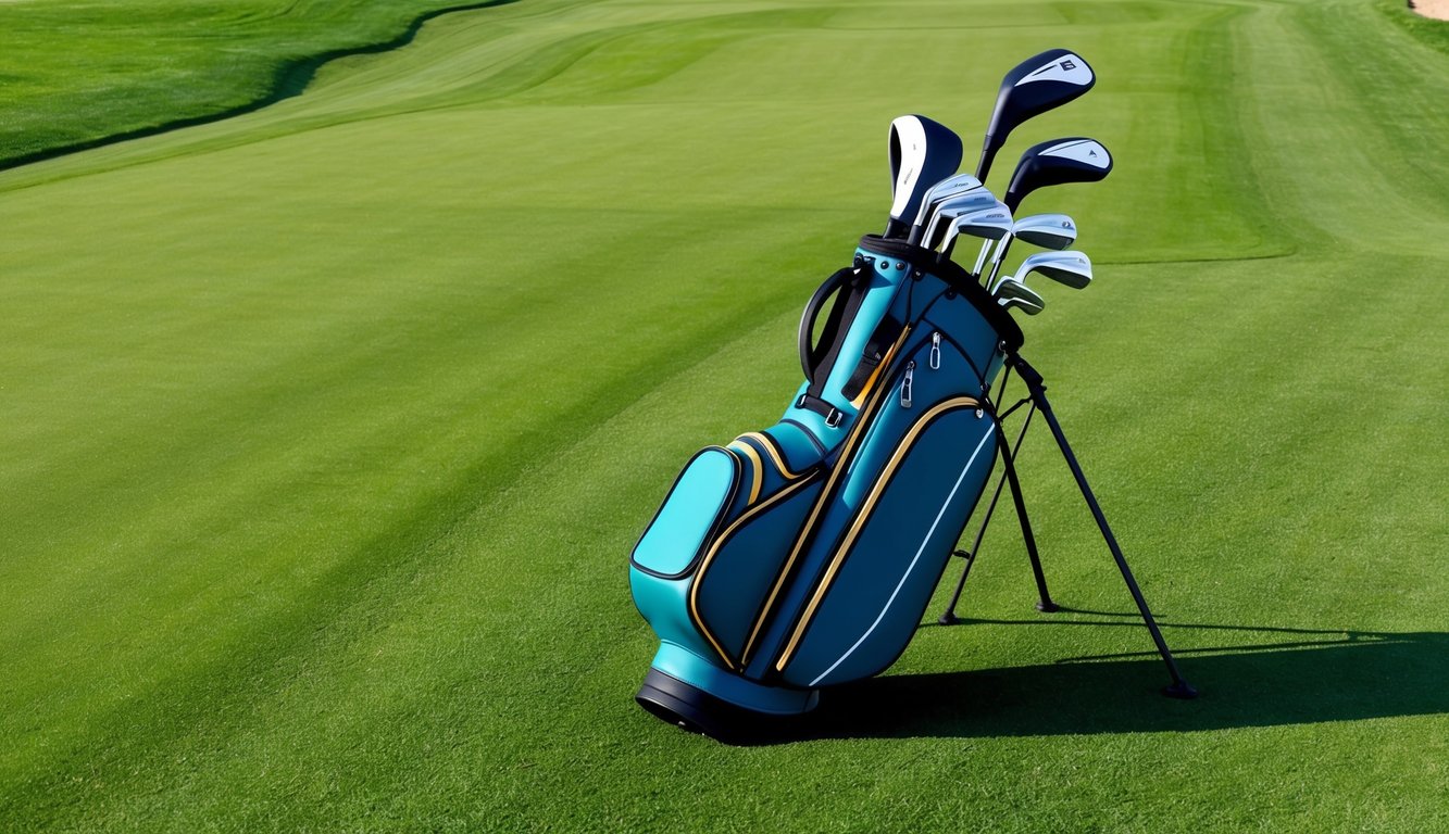 A golf bag with various clubs arranged neatly on a lush green fairway