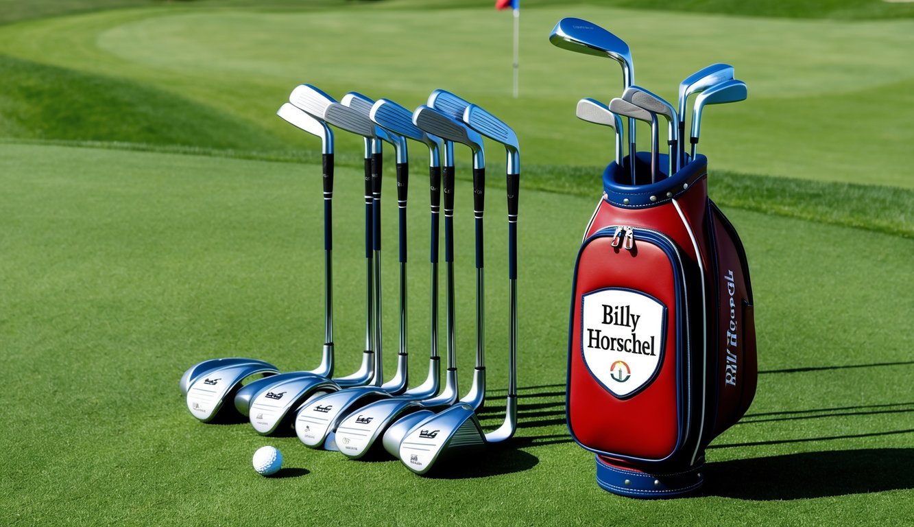 A set of golf clubs arranged neatly on a grassy course, with a golf bag bearing the name "Billy Horschel" standing nearby