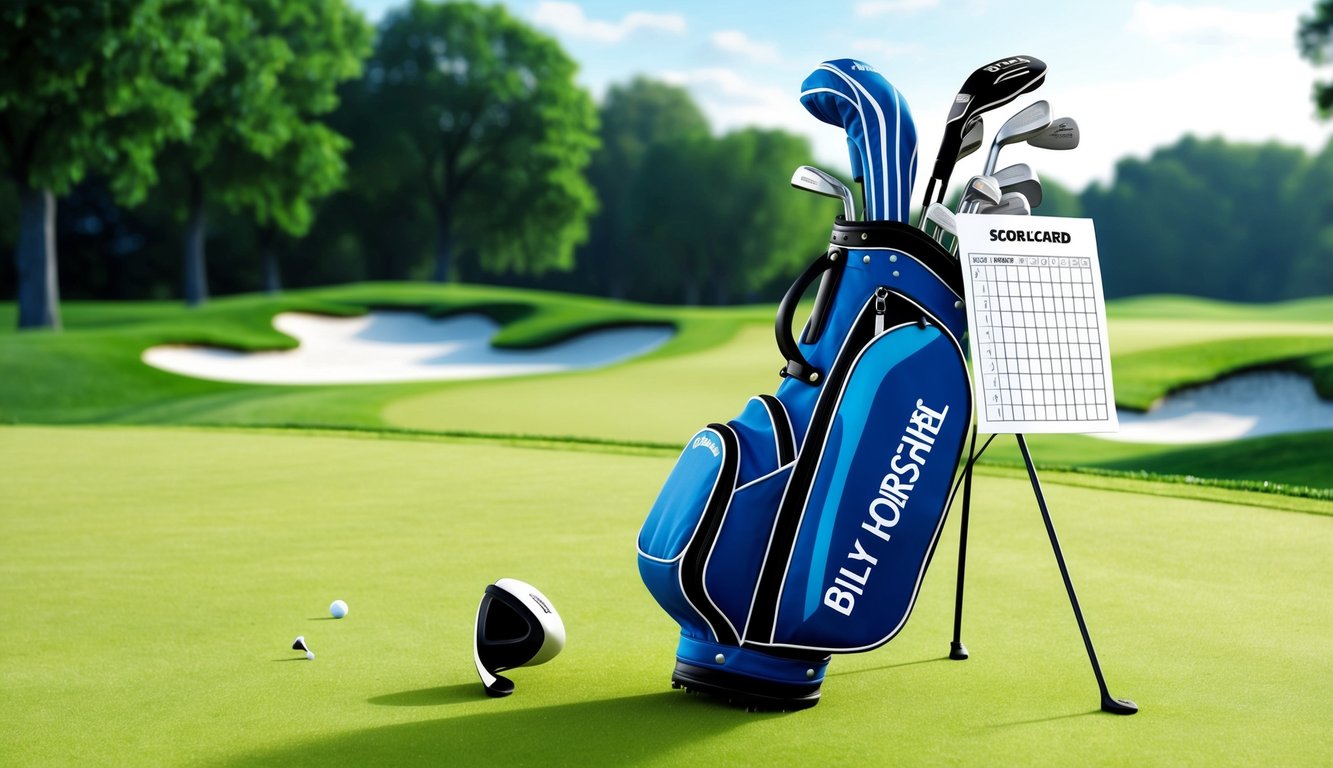 Billy Horschel's golf bag with clubs, tees, and a scorecard on a lush green golf course