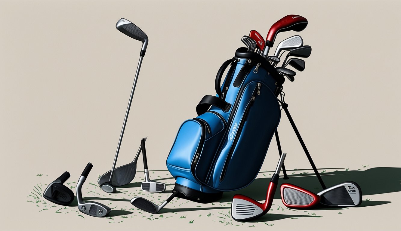 A golf bag with various clubs scattered around, a putter standing out prominently