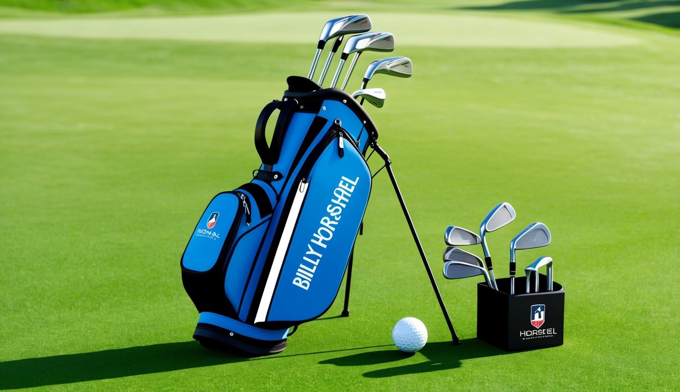 A golf bag with various clubs laid out, including Billy Horschel's preferred clubs, next to a golf ball on a pristine green fairway