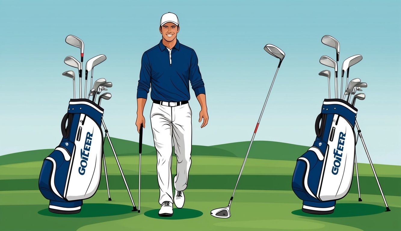 A golfer in stylish and comfortable apparel, with high-quality golf clubs