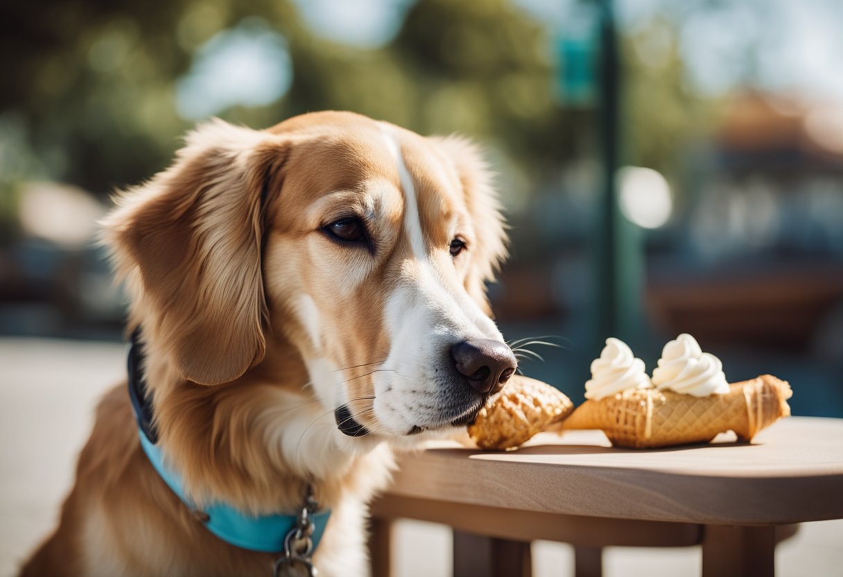 A happy dog licking a melting ice cream cone on a sunny day