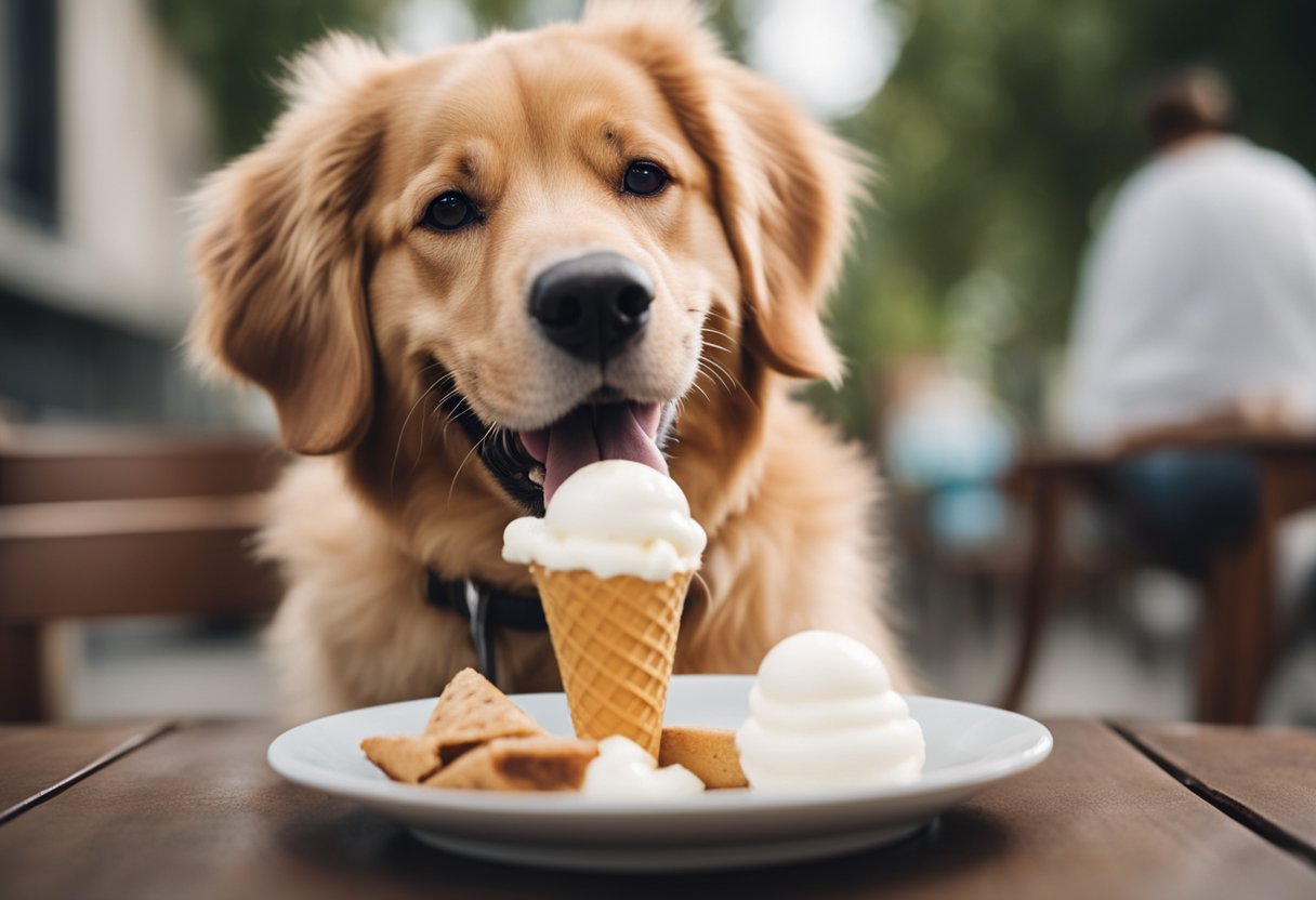 A happy dog eating ice cream, then experiencing stomach discomfort