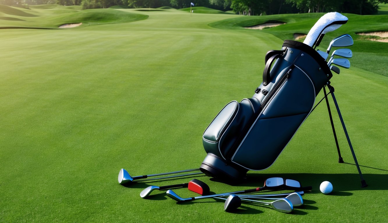 A golf bag with various clubs and accessories scattered around it on a lush green fairway