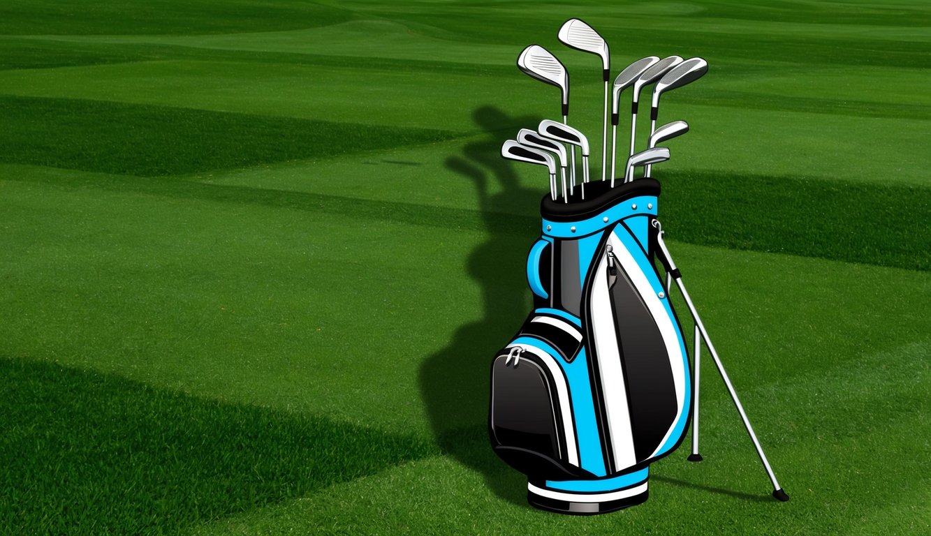 A golf bag with various clubs arranged neatly on a green grassy field