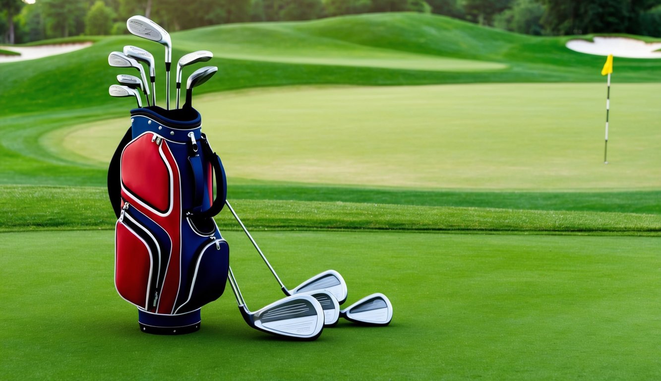 A golf bag with various clubs laid out on a green, well-manicured golf course