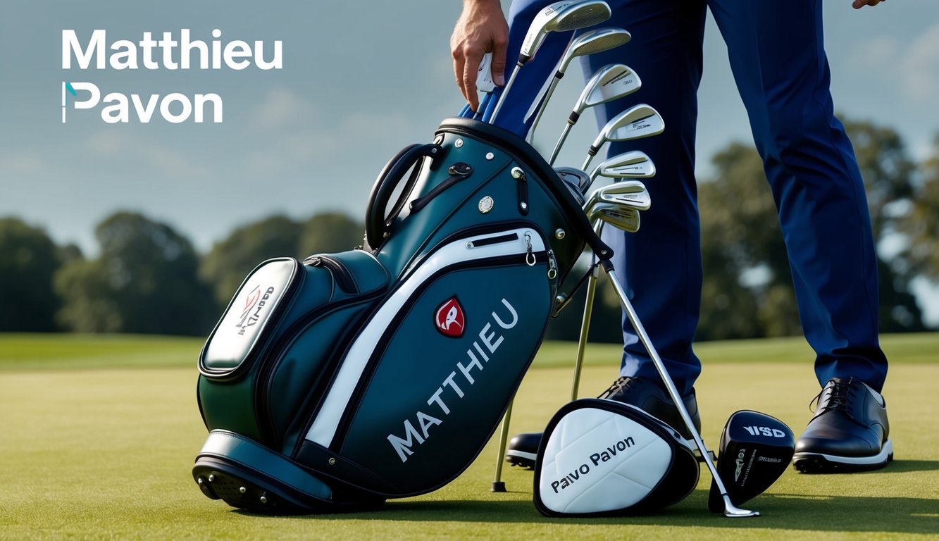 A golf bag filled with various clubs and accessories, with a focus on the clubs used by Matthieu Pavon