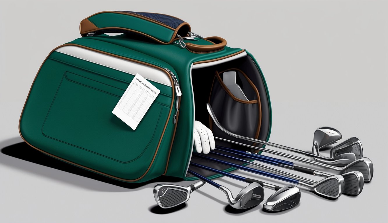 An open golf bag with various clubs scattered on the ground, a golfer's glove resting on the handle, and a scorecard tucked into the side pocket