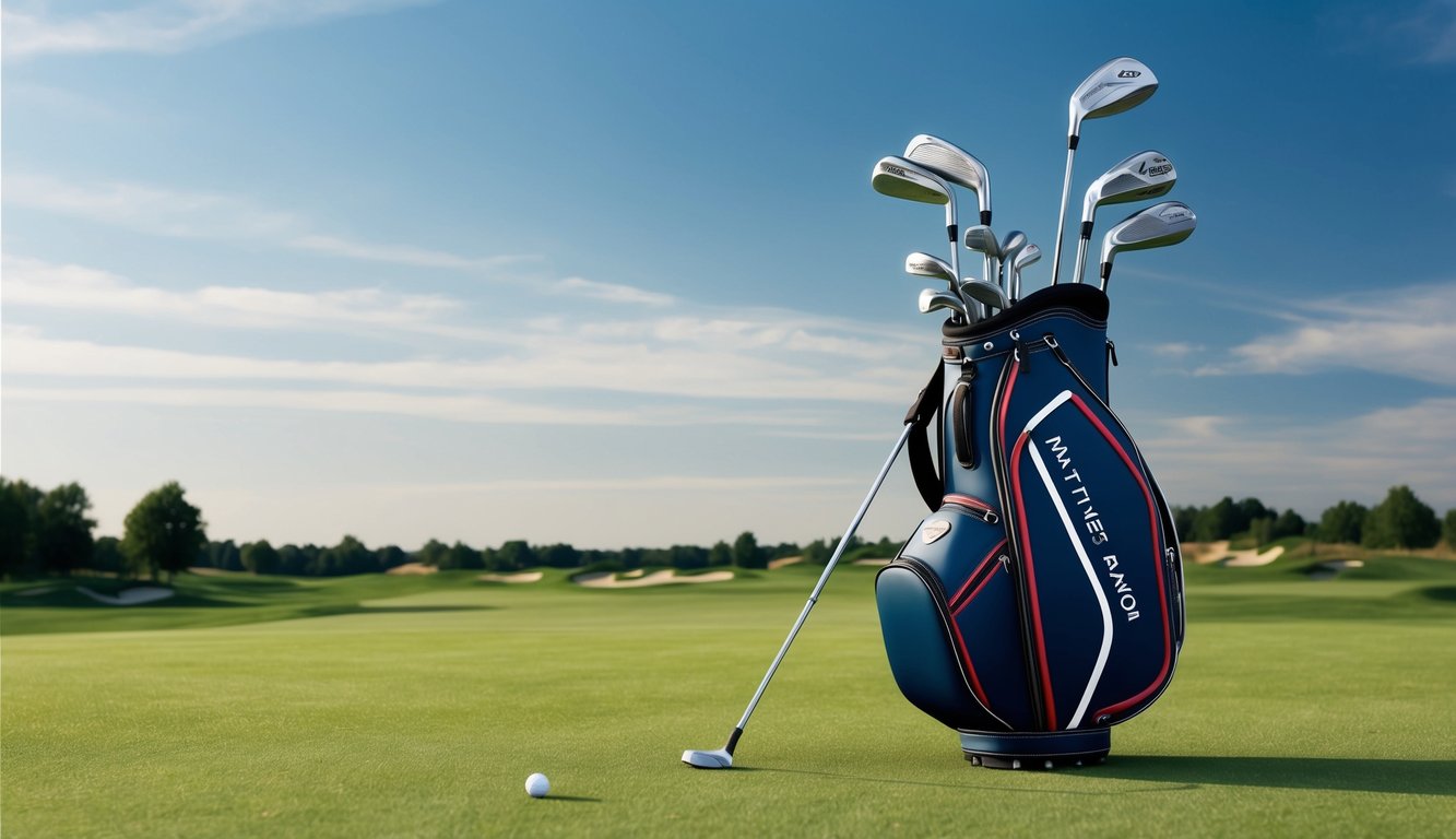 Matthieu Pavon's golf bag, with clubs arranged neatly on the course