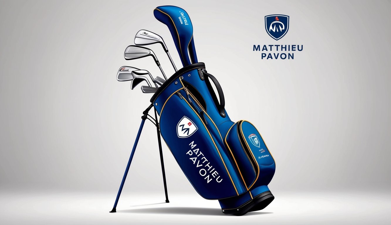 A golf bag with various clubs, a logo of Matthieu Pavon's sponsor prominently displayed