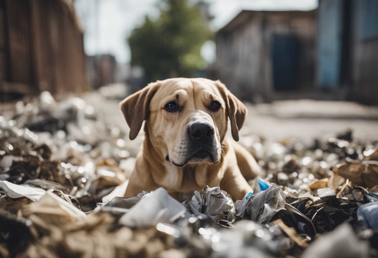 A dog wrinkling its nose and turning away from a pile of rotting garbage