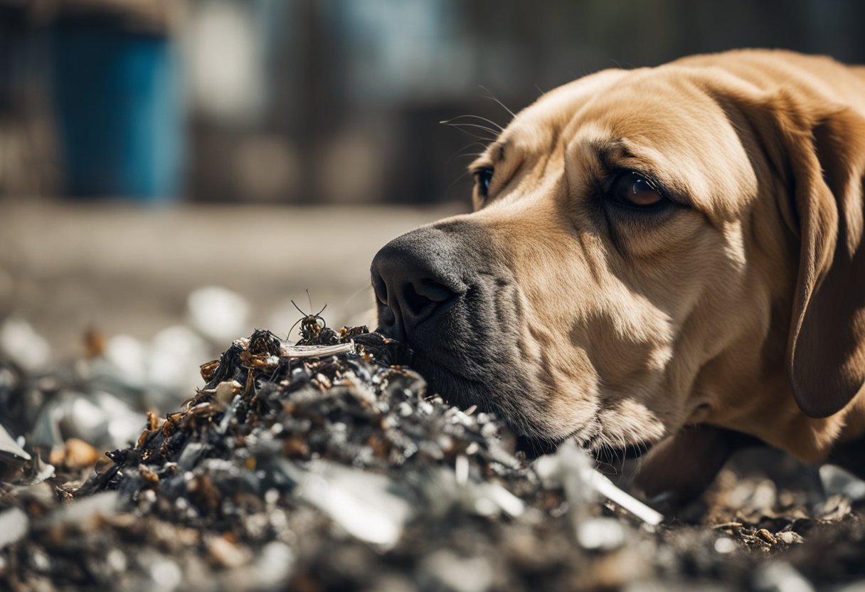 A dog wrinkling its nose at the sight of a pile of rotting garbage, with flies buzzing around and a stench emanating from it