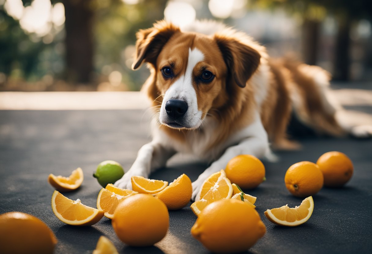 A dog recoils from a pile of citrus peels, wrinkling its nose in disgust