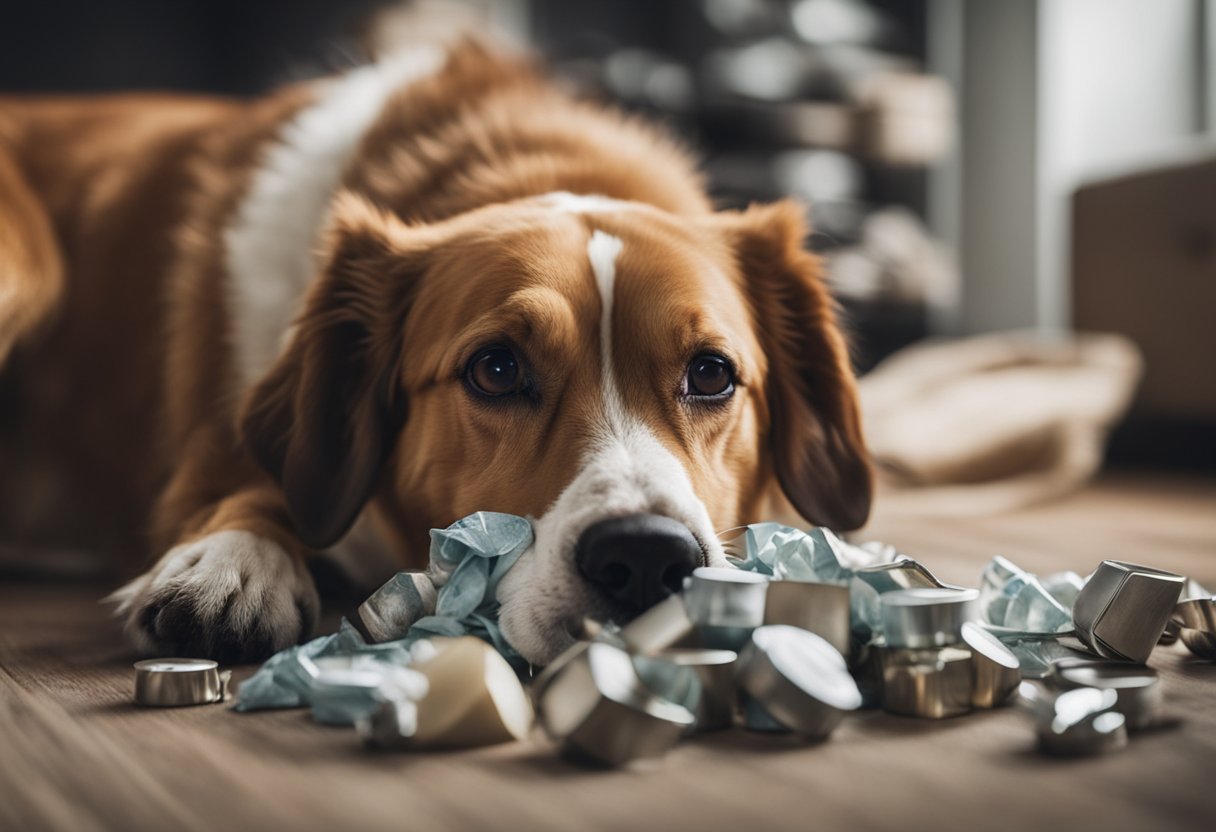 A dog sniffing a pile of items, wrinkling its nose at certain scents