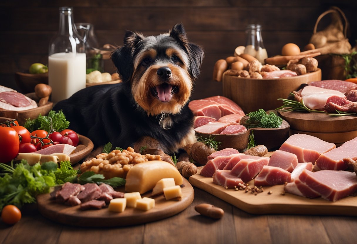 A dog surrounded by a variety of meats, with a large red X over certain types to indicate they are not safe for consumption